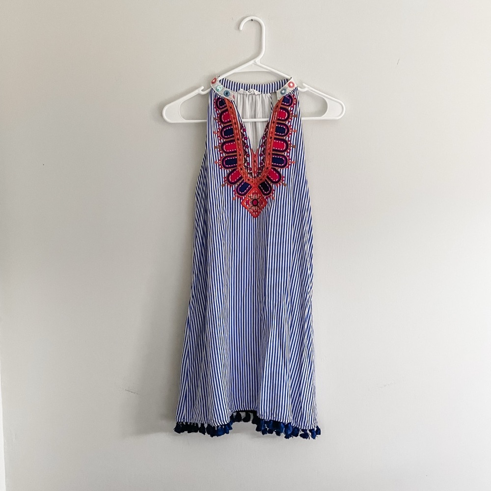 THML Striped White and Blue Embroidered Womens Halter Dress. Size XS